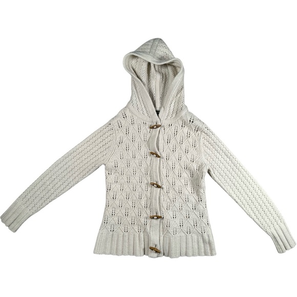 Eddie Bauer Wool Blend Cardigan Sweater Wood Toggle Buttons Cream Large Hood - Picture 1 of 9
